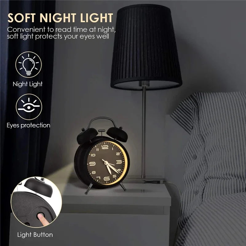 Metal Frame Twin Bell Alarm Clock - 4 Inch, 3D Dial with Backlight, Loud Battery-Powered Desk Clock for Home & Office Use