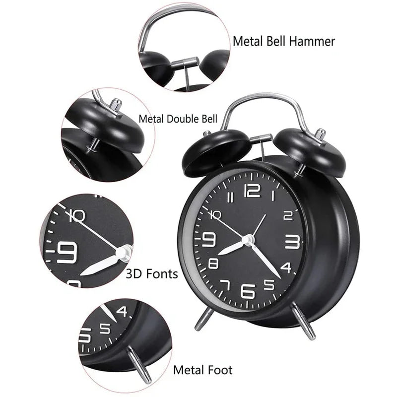 Metal Frame Twin Bell Alarm Clock - 4 Inch, 3D Dial with Backlight, Loud Battery-Powered Desk Clock for Home & Office Use