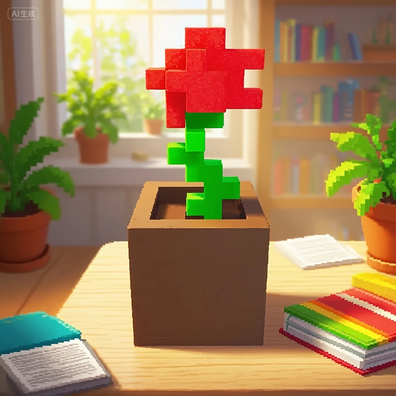 1 Piece Pixel Rose Flower Ornament, 3D Printed Unique Flower Decoration, Plastic Flower Item Suitable for Bedside Table, Desktop, Office Desk Decoration, Furniture Decoration