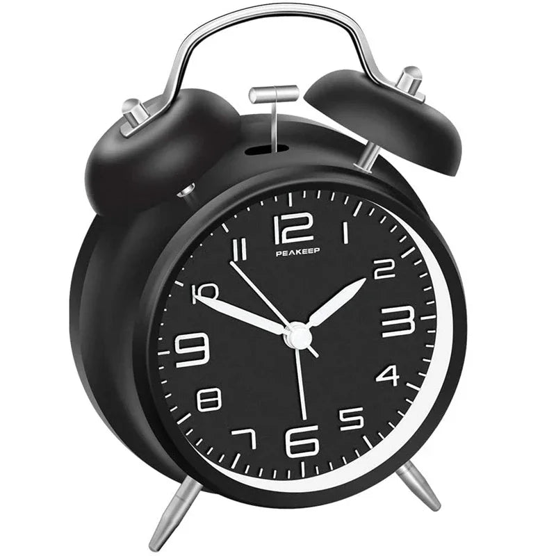 Metal Frame Twin Bell Alarm Clock - 4 Inch, 3D Dial with Backlight, Loud Battery-Powered Desk Clock for Home & Office Use
