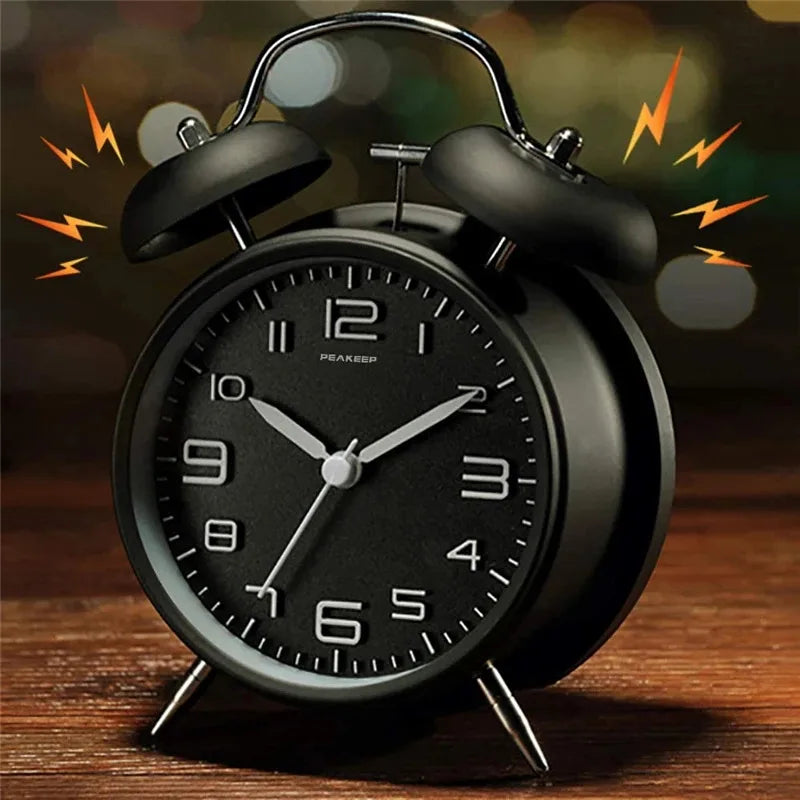 Metal Frame Twin Bell Alarm Clock - 4 Inch, 3D Dial with Backlight, Loud Battery-Powered Desk Clock for Home & Office Use